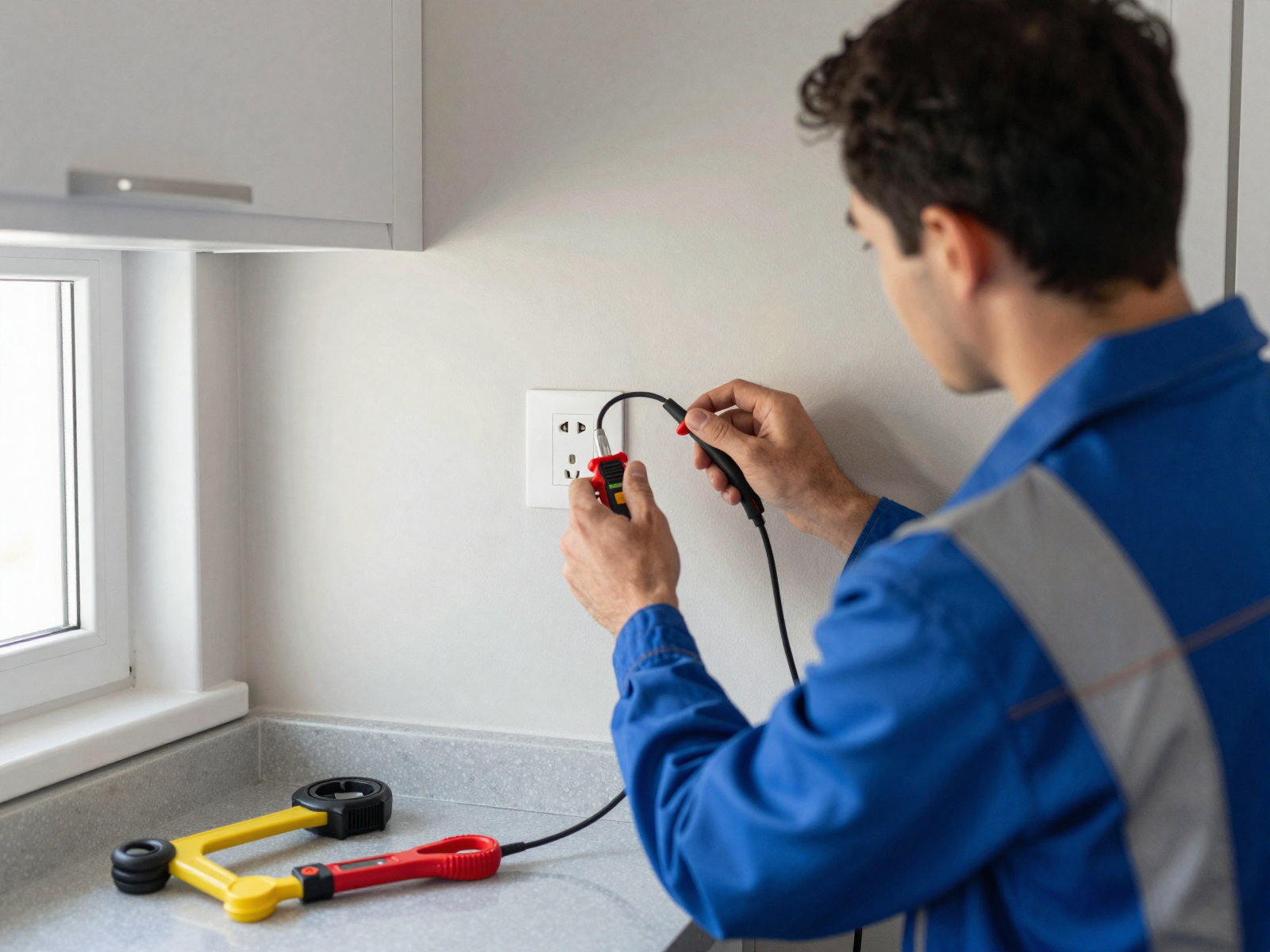 Professional electrician working on residential wall outlet installation