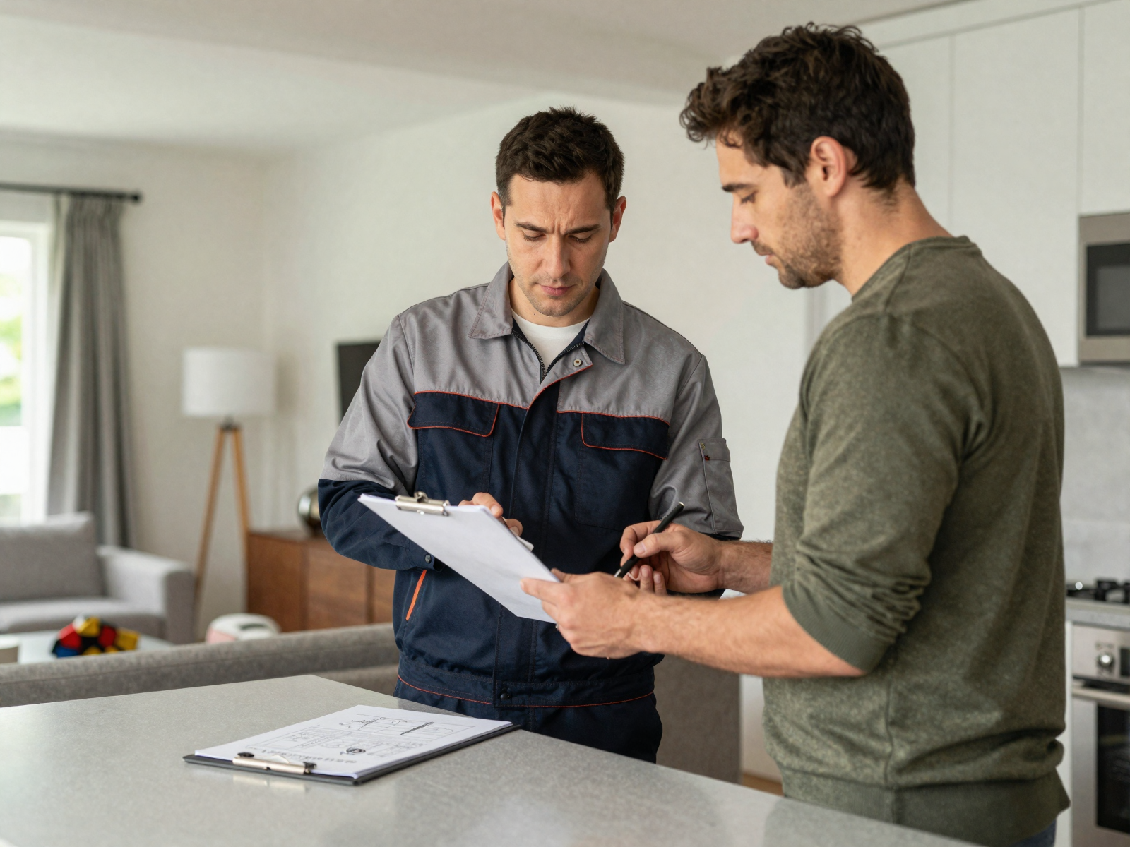 Electrician consulting with homeowner on electrical schematic